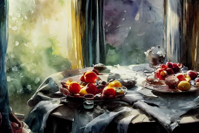 Prompt: gollum, paint brush strokes, abstract watercolor painting of colorful fruits, table cloth, art by hans dahl, by jesper ejsing, art by anders zorn, wonderful masterpiece by greg rutkowski, cinematic light, american romanticism by greg manchess, creation by tyler edlin