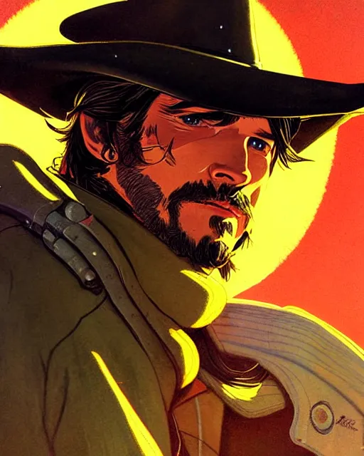 Image similar to mccree from overwatch, poncho blowing in the wind, space cowboy, character portrait, portrait, close up, concept art, intricate details, highly detailed, vintage sci - fi poster, retro future, vintage sci - fi art, in the style of chris foss, rodger dean, moebius, michael whelan, and gustave dore