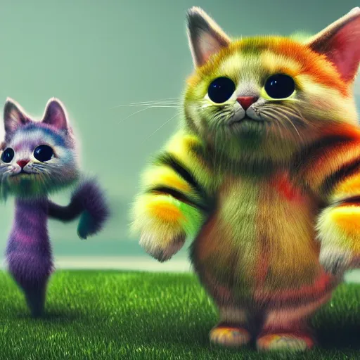 Prompt: cute colorful fuzzy alien cat creatures with long flowing detailed striped fur, detailed high quality 3 d render unreal engine in the style of maurice sendak, 4 k