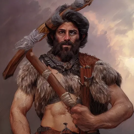 Image similar to portrait of a gruff ranger holding a spear, accompanied by a wolf dog, muscular, upper body, hairy body, D&D, fantasy, intricate, elegant, highly detailed, digital painting, artstation, concept art, matte, sharp focus, illustration, art by Artgerm and Greg Rutkowski and Alphonse Mucha