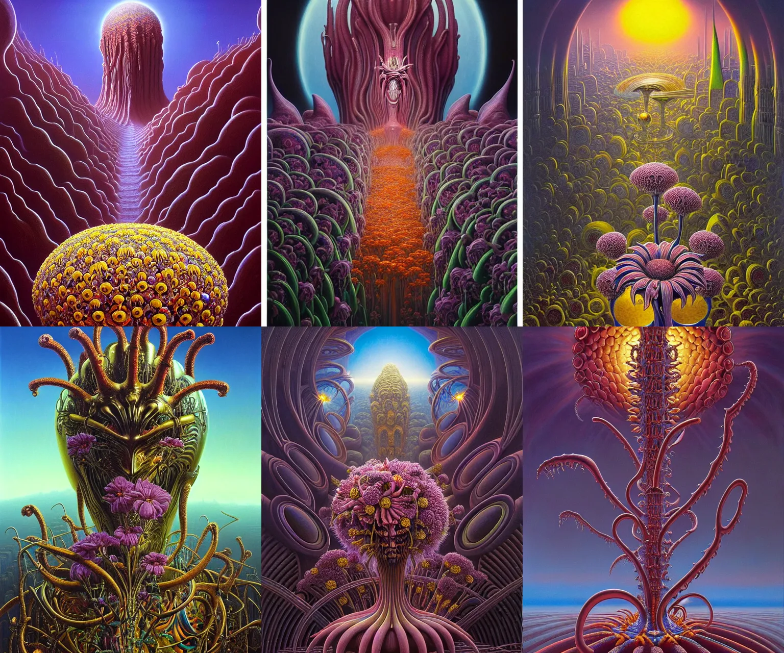 Prompt: a cinematic masterpiece still life painting of a colossal gothic flowers made of shiny metal, exotic flora, alien landscape, cave of gemstones, by Alex Grey, by Wayne Barlowe, by Tim Hildebrandt, by Bruce Pennington, by Zdzisław Beksiński, by Paul Lehr, oil on canvas, masterpiece, trending on artstation, featured on pixiv, cinematic composition, astrophotography, dramatic, beautiful lighting, sharp, details, details, details, hyper-detailed, no frames, HD, HDR, 4K, 8K