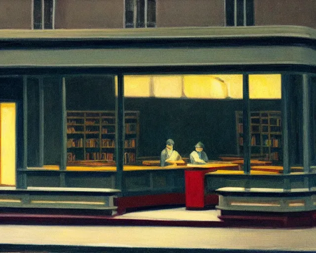 Prompt: a gloomy bookstore at night, a ghost looks towards the camera, in the style of Edward Hopper