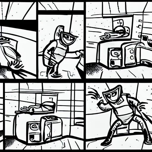 Image similar to a raccoon janitor messing with the controls on a spaceship, comic book illustration