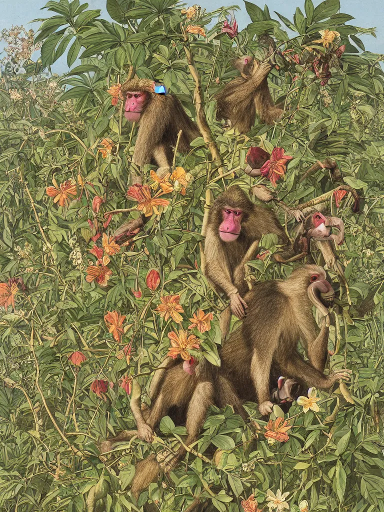 Image similar to mandrill baboon and many flowers and wild thorns in gold, walton ford