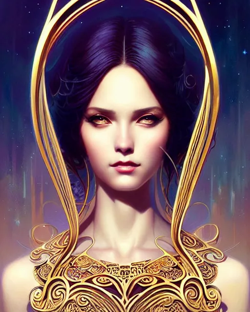 Prompt: Beautiful and playful ethereal singer portrait, art deco, fantasy, intricate art deco golden designs, elegant, highly detailed, sharp focus, art by Artgerm and Greg Rutkowski and WLOP