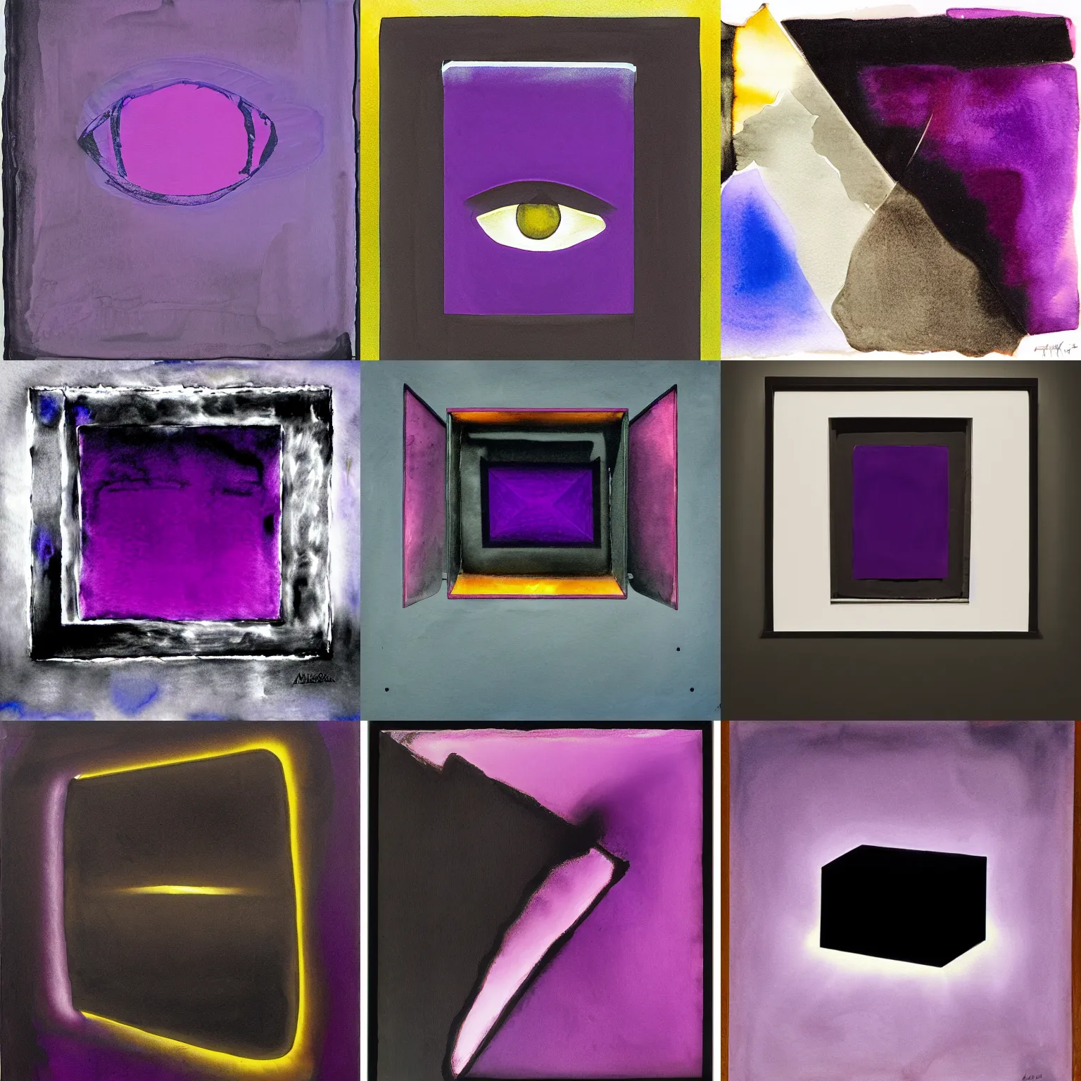 Prompt: a watercolour pen light of a black box with an eye, vivid, painterly, ethereal, chiaroscuro, thick brushstrokes, ominous by alberto burri, tachisme, purple, black, iridescence colors, neon, gradient