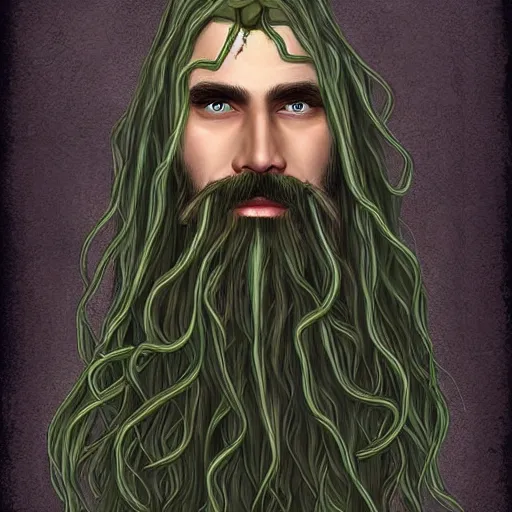 Prompt: bearded male druid gray skin with vines as hair detailed fantasy digital art