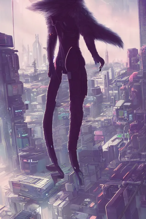 Image similar to a cyberpunk anthropomorphic fox with a fluffy tail staring over a futuristic city from the top of a roof, comic art, trending on furaffinity, cyberpunk, backlighting, cartoon, by kawacy