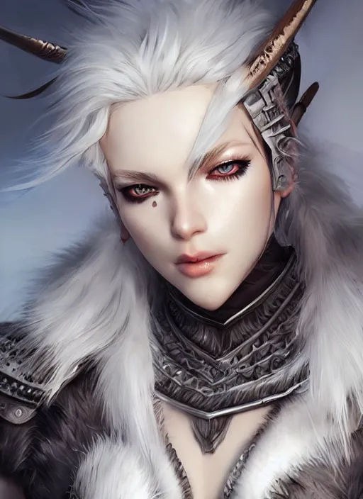 Image similar to barbarian, fur leather armor!!! beautiful and elegant white hair female!! gorgeous ayes!! character concept art, sharp focus, octane render! unreal engine 5! highly rendered!! trending on artstation!! detailed linework!! illustration by artgerm, wlop, and chie yoshii