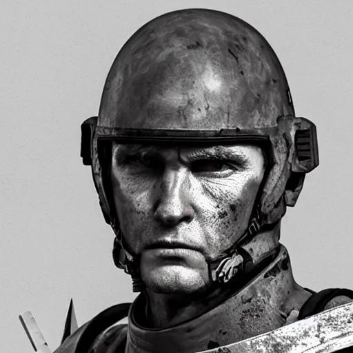 Image similar to portrait of a 5 0 year old soldier wearing vertical slits on his nose, angular eyebrows, blood - spattered glossy sleek white dinged scuffed armor and a long torn red cape, heroic posture, battle - weary, strained expression, determined expression, no helmet, on the surface of mars, dramatic lighting, cinematic, sci - fi, hyperrealistic, detailed