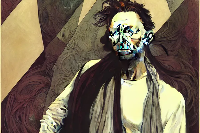 Image similar to hyper realistic portrait of thom yorke singer songwriter, side, liminal space, by lee bermejo, alphonse mucha and greg rutkowski