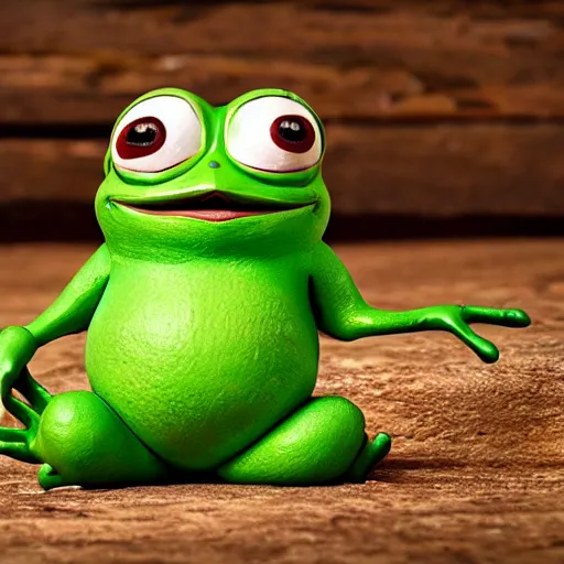 Prompt: baby pepe the frog wearing a tiny sombrero, holding maracas, larg eyes, sitting on a log, pixar, disney, dynamic lighting, bokeh