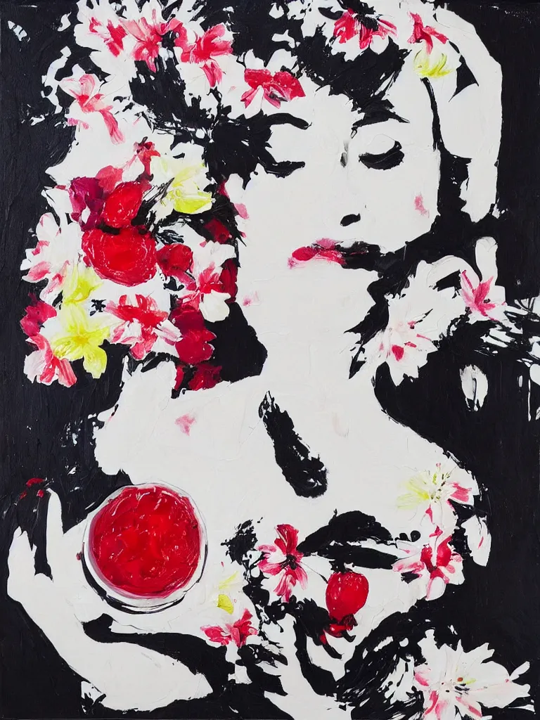 Image similar to “art in an Australian artist’s apartment, portrait of a woman wearing white cotton cloth, eating luscious fresh raspberries and strawberries and blueberries, white wax, edible flowers, Japanese pottery, ikebana, black walls, acrylic and spray paint and oilstick on canvas”