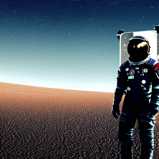 Image similar to a movie still of a spaceman in a futuristic black space suit on a desert planet