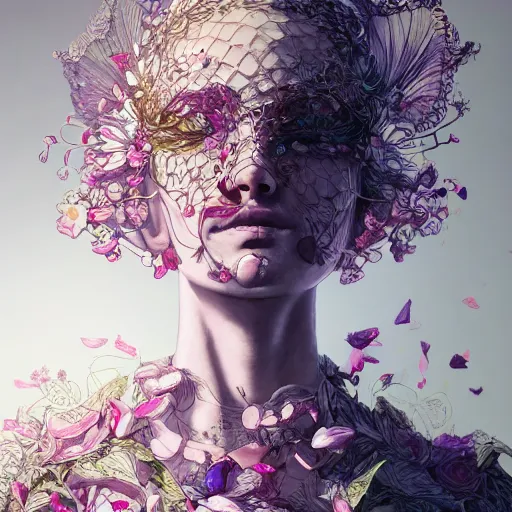 Image similar to the portrait of an absurdly beautiful, graceful, elegant mature woman made of petals looking up, an ultrafine detailed illustration by kim jung gi, irakli nadar, intricate linework, bright colors, octopath traveler, final fantasy, angular, unreal engine 5 highly rendered, global illumination, radiant light, detailed and intricate environment