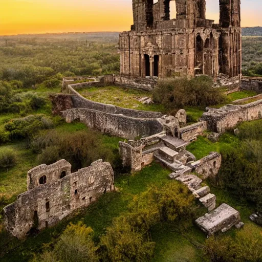 Image similar to an ancient sanctuary made of stone, abandoned, with big towers, white birds flying in the distance, vegetation covering parts of it, golden hour, mist