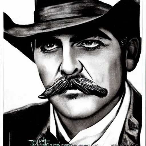 Image similar to black light poster of george clooney as wyatt earp, high detail