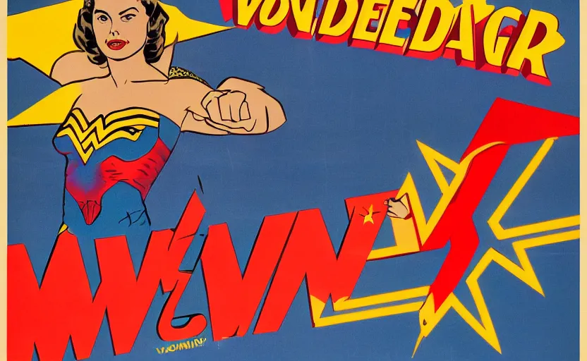 Prompt: ingrid bergman as wonder woman in the poster for the 1 9 4 8 film'wonder woman versus the robots '. colourful. action. beautiful. powerful. art deco.