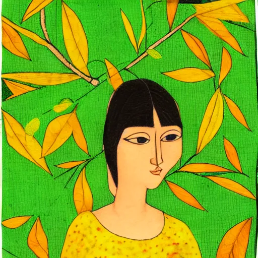 Prompt: Female character, green background, full of yellow leaves, in the artistic style of Hilda Palafox, Poni, textile painting