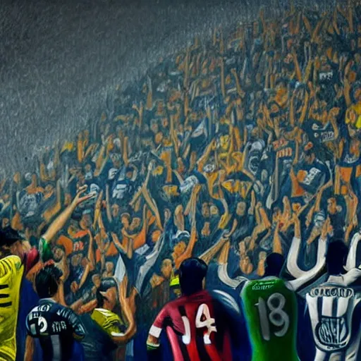 Image similar to copa libertadores atmosphere in the stands, painting, realistic, cinematic, dynamic light, photorealistic, ultra detailed