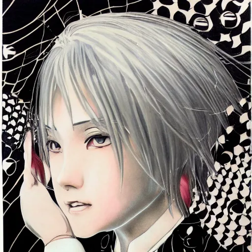 Prompt: Yoshitaka Amano style portrait of an anime girl with short white hair and eyepatch wearing suit with patterns, abstract black and white background, film grain effect, highly detailed, oil painting