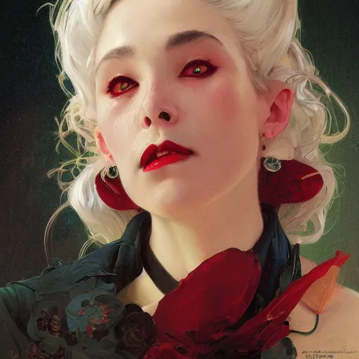 Image similar to portrait of a beautiful vampire by Stanley Artgerm Lau , greg rutkowski, thomas kindkade, alphonse mucha, loish, norman rockwell, J. C. Leyendecker. white hair, detailed eyes, red lips. Trending on artstation rule of thirds detailed illustration hd 4k