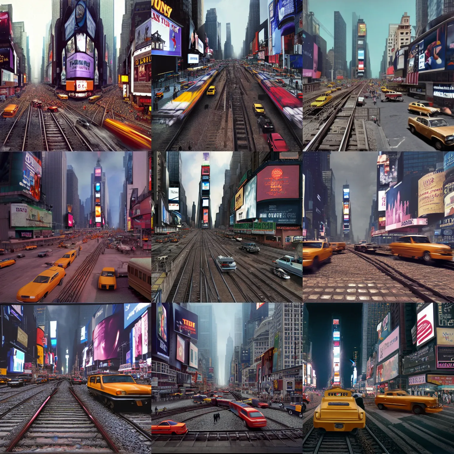 Prompt: a train driving down times square filled with lots of traffic, a matte painting by gregory crewdson, behance, american scene painting, matte painting, playstation 5 screenshot, matte drawing