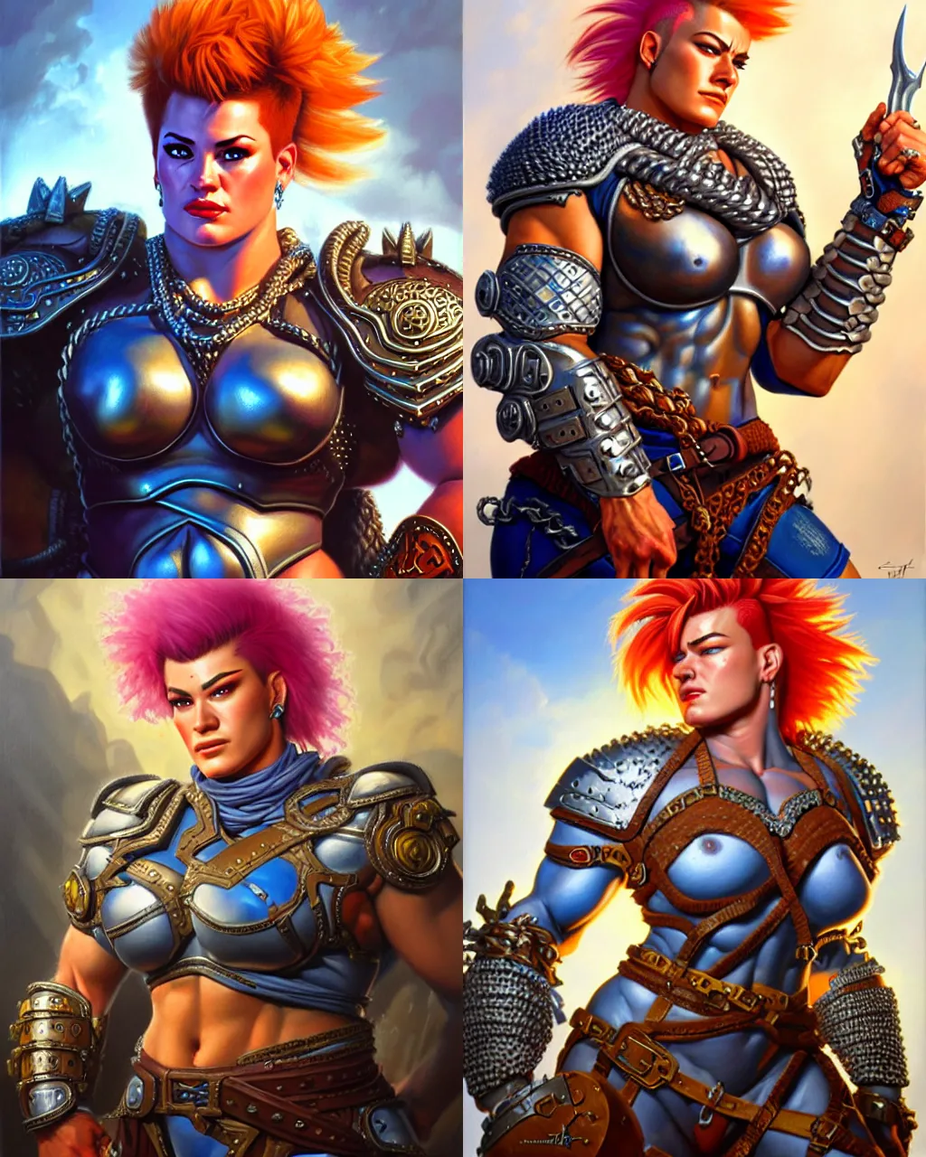 Image similar to detailed portrait of zarya from overwatch as a powerful dungeons and dragons warrior wearing iron chainmail, intricate, hyper detailed, realistic, oil painting, by jeff easley, boris vallejo, cinematic lighting