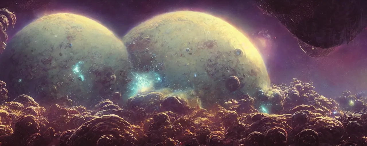 Image similar to ” outer planet covered with cream and larvae, [ art by paul lehr, cinematic, detailed, epic, widescreen, opening, establishing, mattepainting, photorealistic, realistic textures, octane render ] ”