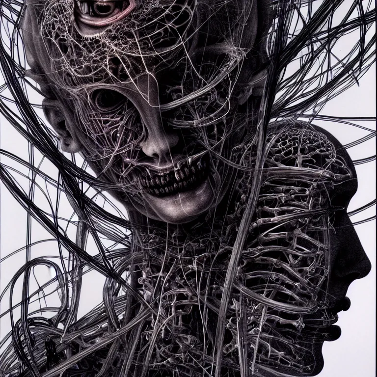 Image similar to portrait of neural nightmares by yoshitaka amano and HR Giger, detailed face face face face, facial structure, hd, 8k, very very very very electronic, biomechanical, biology, bio, neural machine