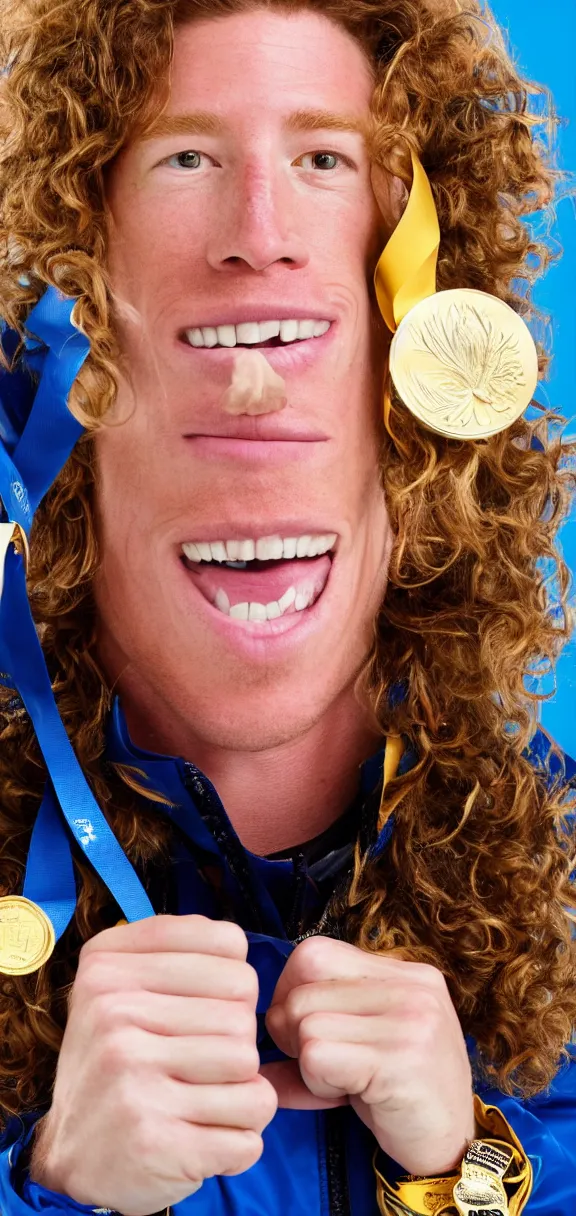 Image similar to high quality portrait of shaun white holding a gold medal with blue sky above him, rule of thirds, upper body shot, sharp focus, extremely detailed, studio photography