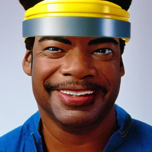 Image similar to Geordi LaForge wearing visor and a colander and random kitchen tools on his head