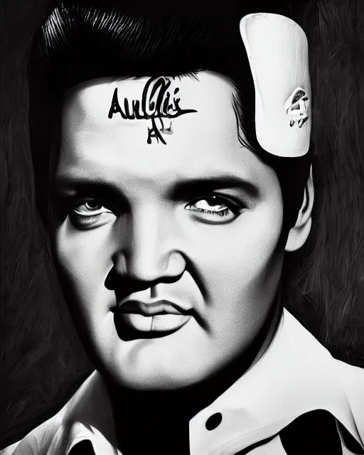 Image similar to a powerful energy elvis presley portrait, grainy black and white photo, by alexander fedosav, hyper detailed digital matte painting, concept art, hyperrealism, 1 6 k resolution, cinema 4 d, 8 k resolution, trending on artstation, behance hd, a masterpiece, by stephan martiniere, particles, by david a. hardy,