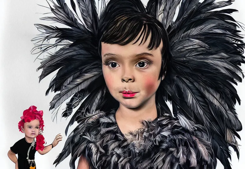 Prompt: little girl with a short black haircut wearing a dress made of black feathers, artwork in disney art style, anatomically perfect