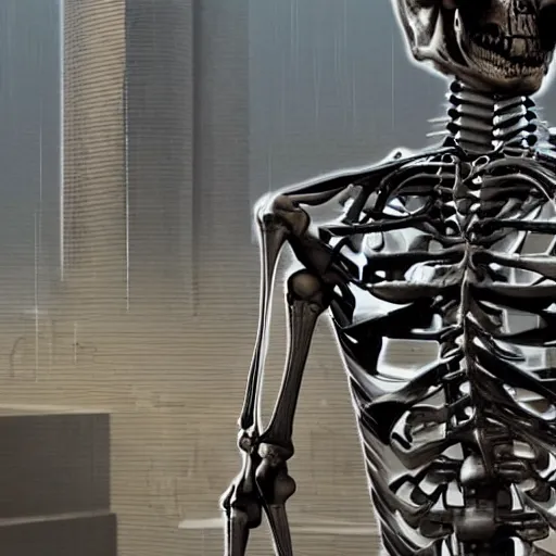 Prompt: mechanical futurustic skeleton, cyberpunk, hyper realistic