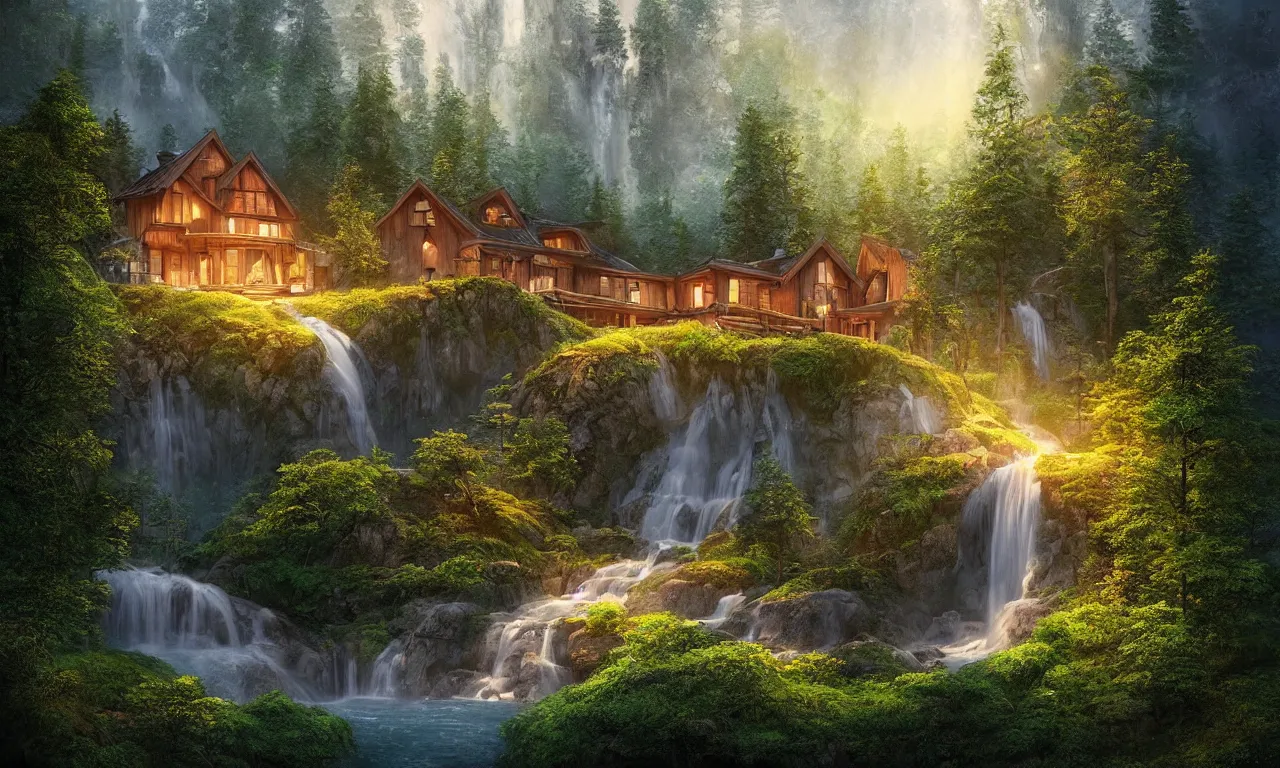 Image similar to scandinavian house in the forest on a hill, pixar, vector style, waterfall flows down from the mountain, vector art, fabulous, global illumination, warm lighting, by jordan grimmer