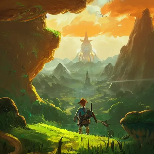 Prompt: a hyperrealistic digital matte painting of a verdant fantasy countryside, breath of the wild, hyrule, inspired by cyril rolando, david wiesner, many golden layers, orange color tone, very far royal steampunk castle, cgsociety, highly detailed, trending on artstation, azure sky