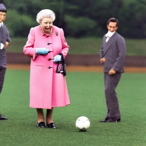 Prompt: queen elizabeth laughing while kicking a soccer ball,