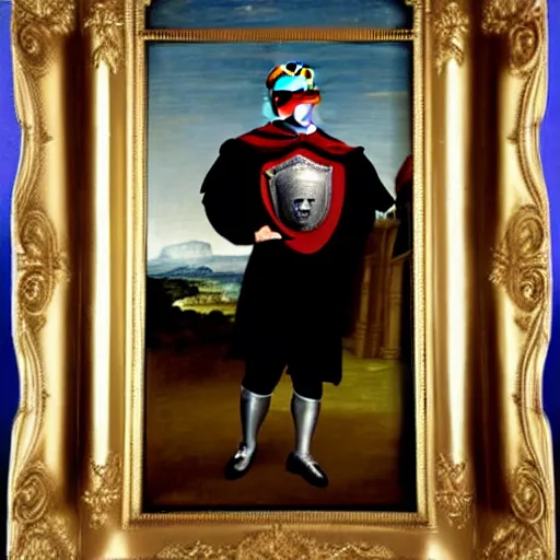 Image similar to full - body - front - shot, donald trump wearing knight'armor, crown, renaissance painting of a knight, detailed face