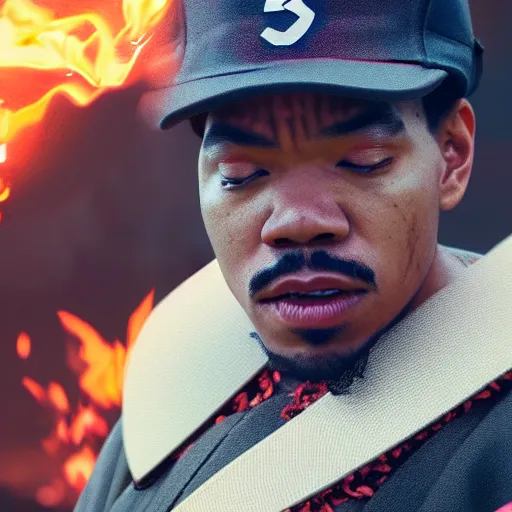 Image similar to cinematic film still of Chance The Rapper starring as a Samurai holding fire, Japanese CGI, VFX, 2022, 40mm lens, shallow depth of field, film photography