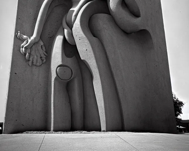 Prompt: by szukalski, francis bacon, vivian maier, mystical redscale photography evocative. a brutalist concrete carved sculpture of the birth of the machine intelligence, standing in a city center.