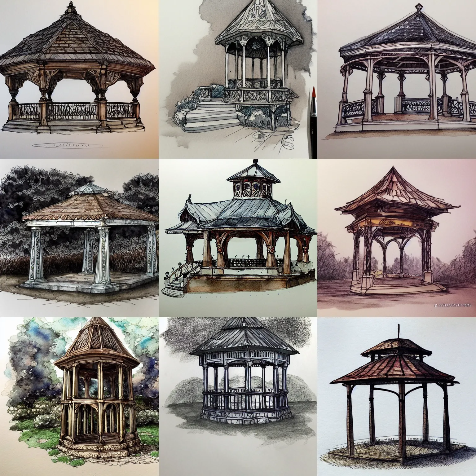 Image similar to beautiful aesthetic inspirational masterful professional ink pen and watercolor sketch of a fantasy gazebo, ultra detailed, fine details, trending on artstation, high quality paper