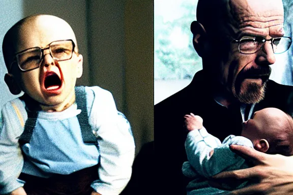 Image similar to walter white holding a baby and screaming at it