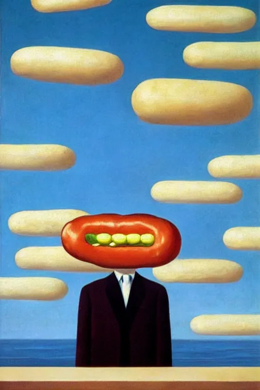 Prompt: Rene Magritte's Son Of Man painting with a floating hotdog blocking the face, the hotdog has a stem and leaves