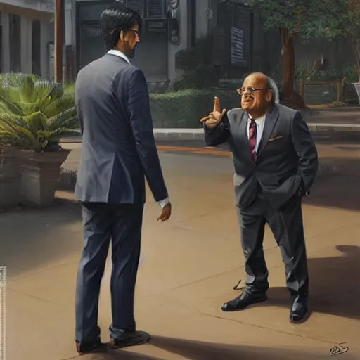 Image similar to portrait of tall indian man in a suit arguing with danny devito outside a bar, elegant, real life skin, intricate artwork, high detailed, artstation, concept art, smooth, sharp focus, art by artgerm and greg rutkowski