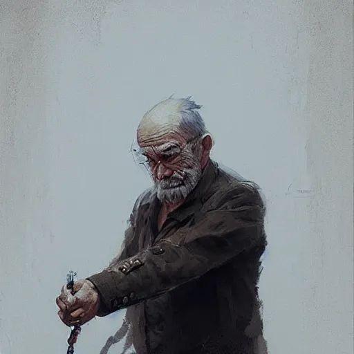 Image similar to old man portrait, he pulling pin is pulling pin of hand grenade,, greg rutkowski art