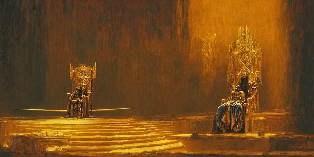 Image similar to a medieval king sitting on a golden throne led by stairs leaning on a shiny sword in a palace, illuminated by glowing light behind the throne, beksinski and syd mead cinematic colorful painting