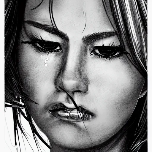 Prompt: detailed illustration close up of a crying pretty woman, highly detailed, realistic, trending on art station