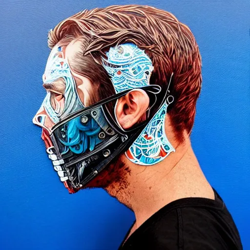 Prompt: a portrait of a back man with side profile blood in ocean intricate details :: side profile :: futuristic mask :: by vikings and Sandra Chevrier