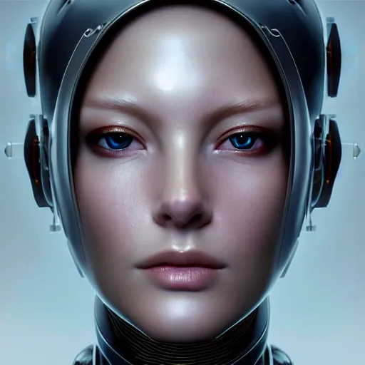 Image similar to centered portrait of an ultra detailed Mechanical Cyberpunk Female Android, looking into the camera!!, intricate, elegant, super highly detailed, professional digital painting, artstation, concept art, smooth, sharp focus, no blur, no dof, extreme illustration, Unreal Engine 5, Photorealism, 8k, cinematic, art by artgerm and greg rutkowski and alphonse mucha and loish and WLOP